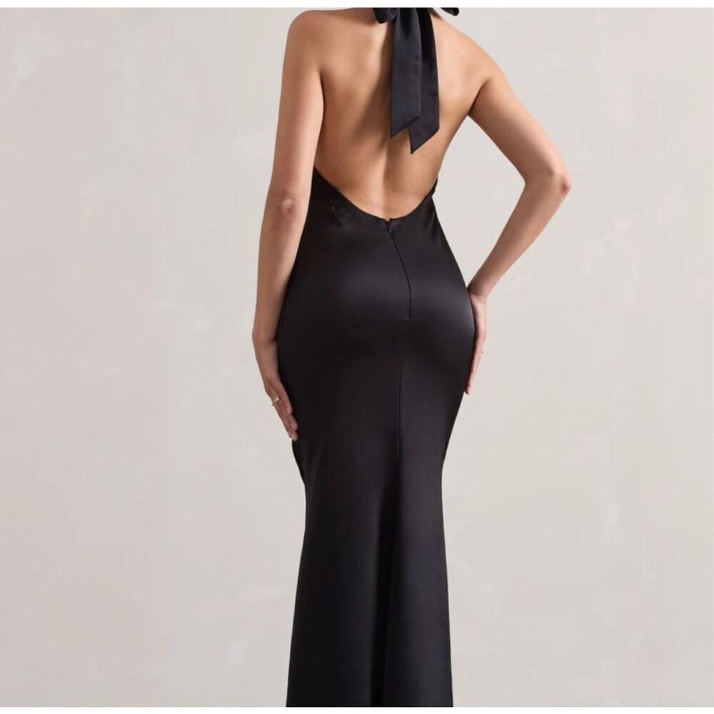 Club L London Unbeatable Satin Cross Over Halter-Neck Maxi Dress in Black - Picture 2 of 7